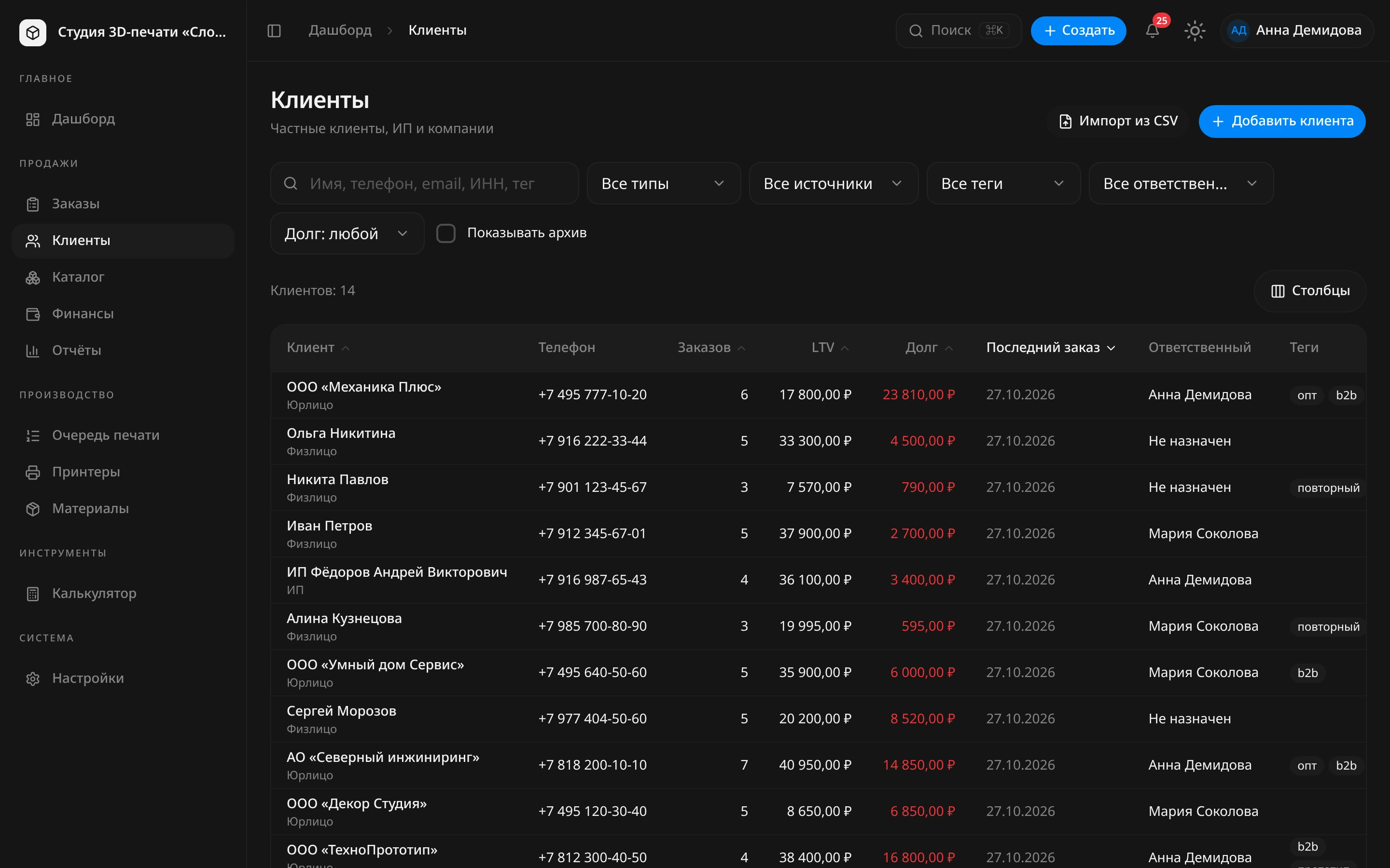 Список клиентов: поиск, фильтры по типу, источнику, тегам, ответственному и долгу, «Клиентов: 14», таблица с телефоном, числом заказов, LTV, долгом, датой последнего заказа, ответственным и тегами