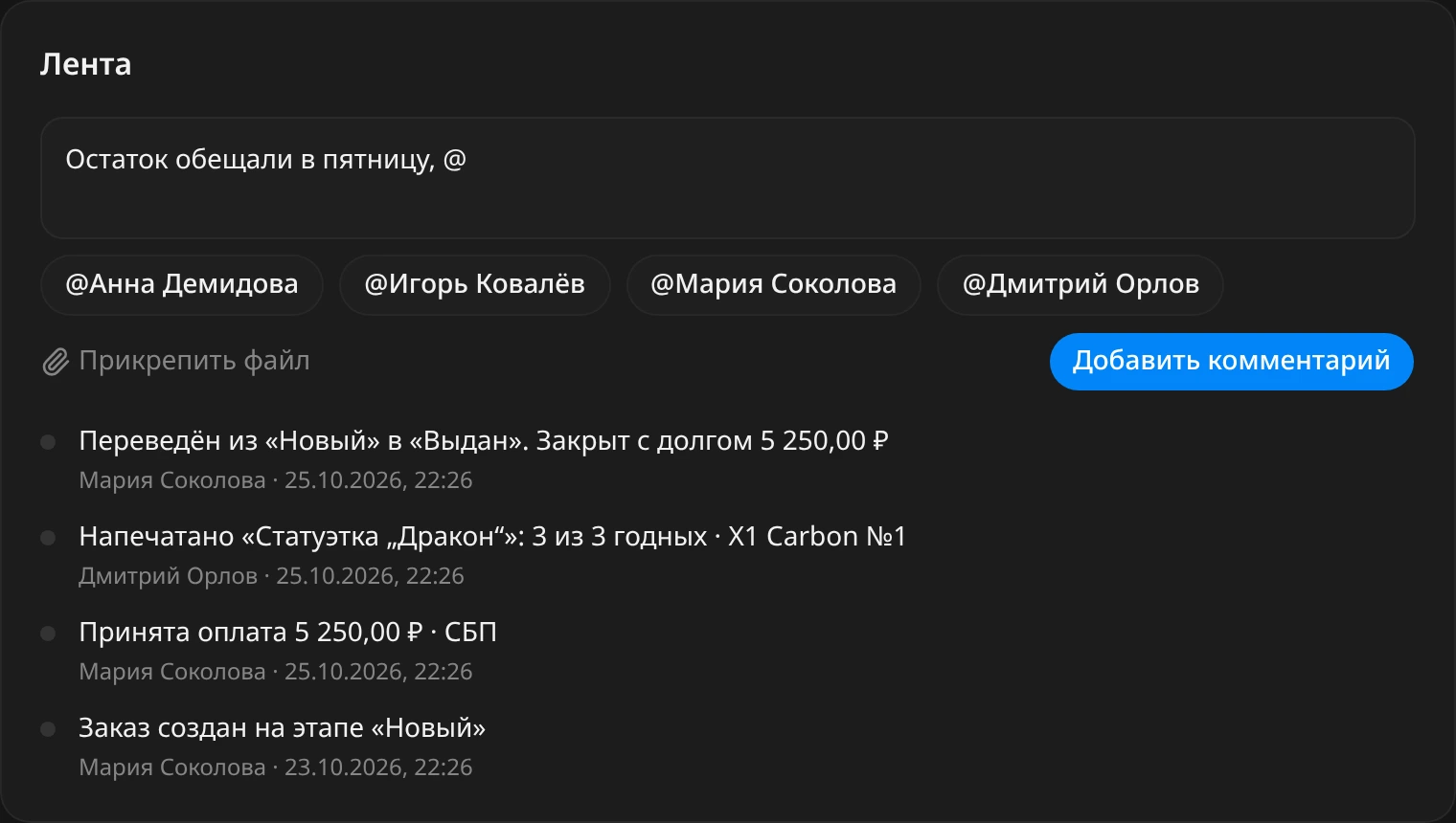 Блок «Лента»: в поле комментария текст «Остаток обещали в пятницу, @», под ним подсказки с именами участников; ниже записи «Переведён из «Новый» в «Выдан». Закрыт с долгом 5 250,00 ₽», «Напечатано «Статуэтка „Дракон“»: 3 из 3 годных · X1 Carbon №1», «Принята оплата 5 250,00 ₽ · СБП», «Заказ создан на этапе «Новый»»