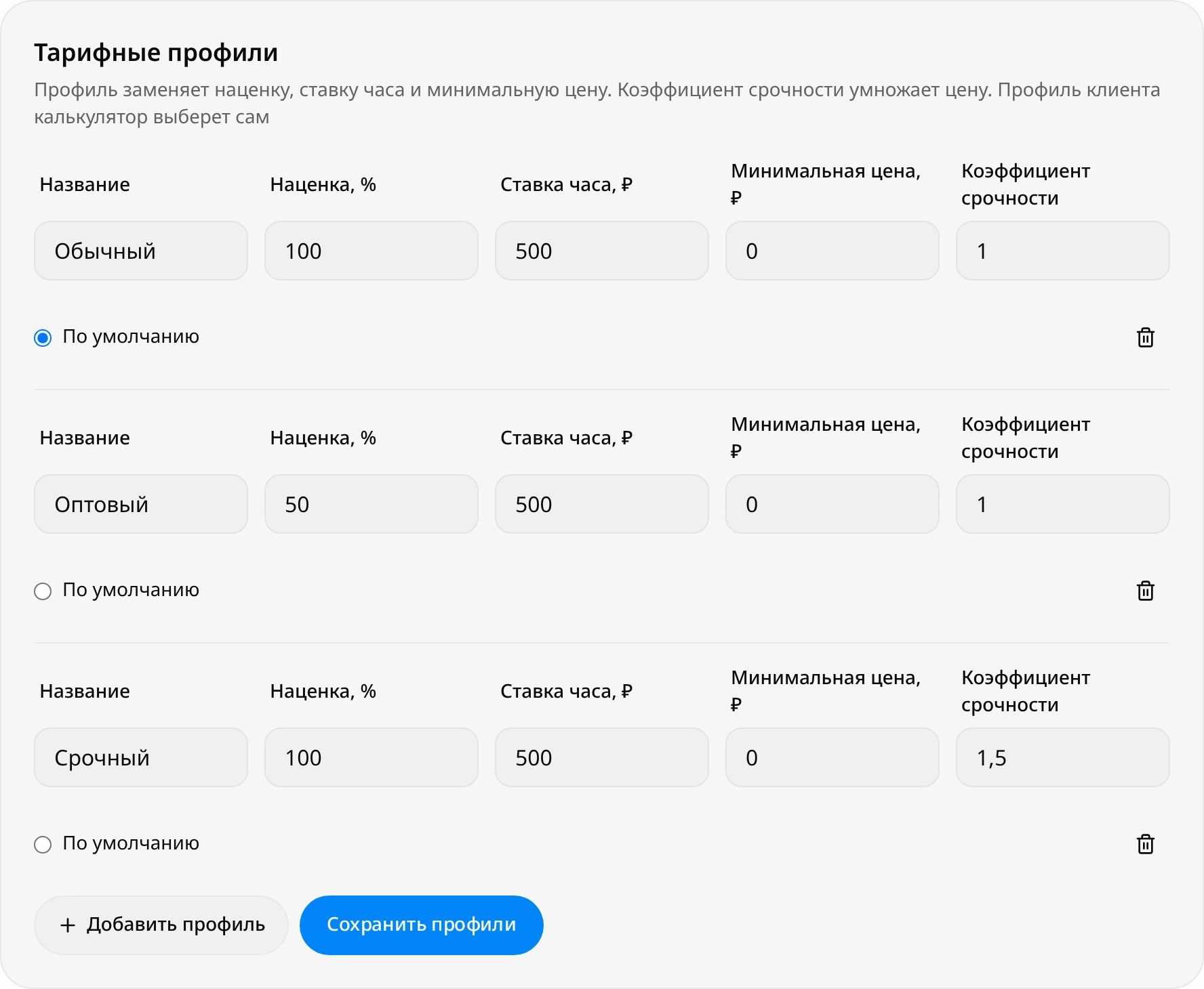Блок «Тарифные профили»: строки «Обычный», «Оптовый», «Срочный» с полями наценки, ставки часа, минимальной цены и коэффициента срочности, отметка «По умолчанию» у «Обычный», кнопки «Добавить профиль» и «Сохранить профили»
